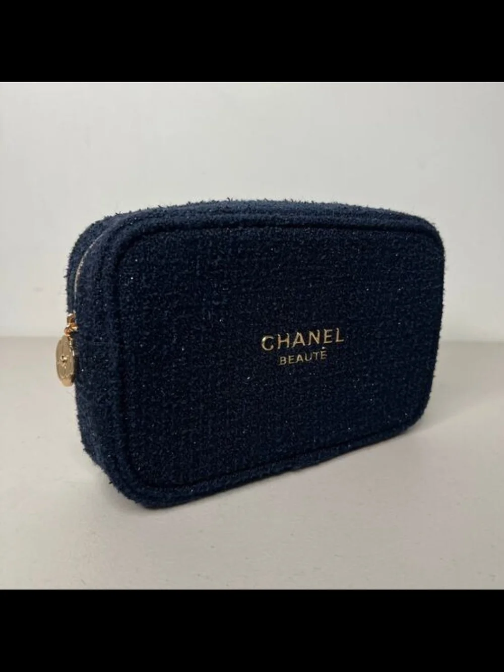 CHANEL Beauty Navy Tweed Mini Cosmetic Case with Gold Logo